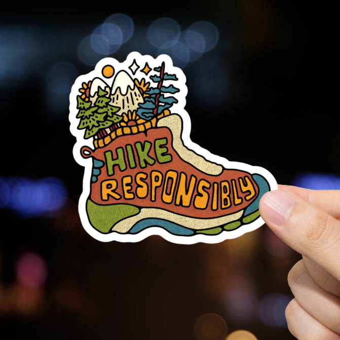 Durable, die-cut, vinyl, Hike Responsibly Sticker.