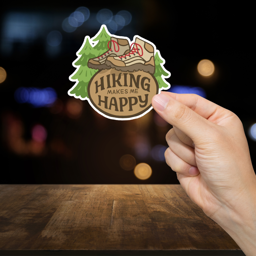 Durable, die-cut, vinyl, Hiking Makes Me Happy Sticker.