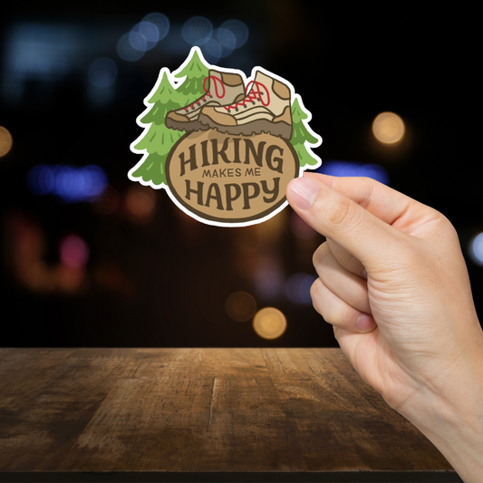 Durable, die-cut, vinyl, Hiking Makes Me Happy Sticker.