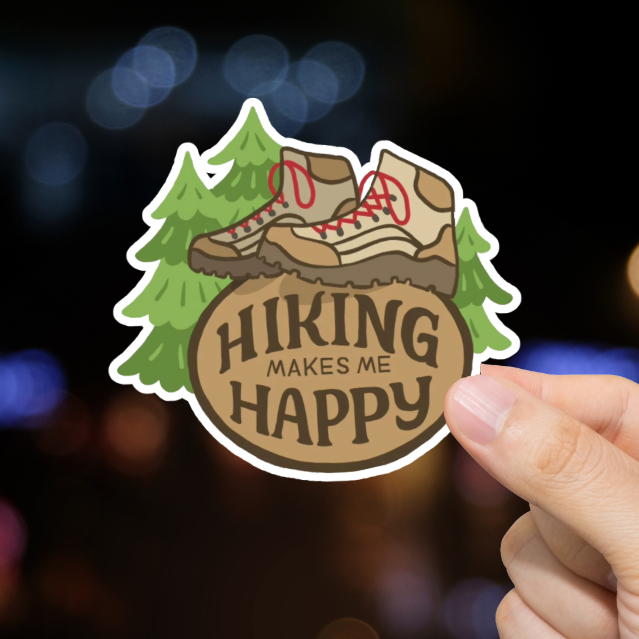Durable, die-cut, vinyl, Hiking Makes Me Happy Sticker.