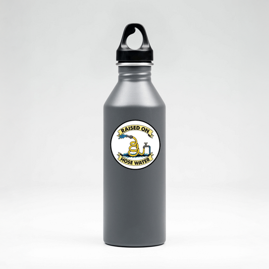 Durable, vinyl, die-cut, Raised On Hose Water Sticker.