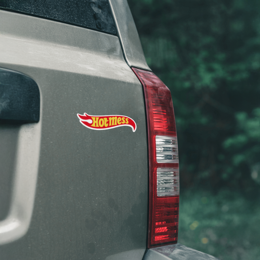 Durable, vinyl, die-cut, Hot Mess Sticker.