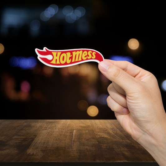 Durable, vinyl, die-cut, Hot Mess Sticker.