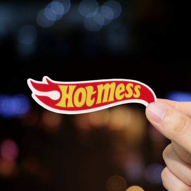 Durable, vinyl, die-cut, Hot Mess Sticker.