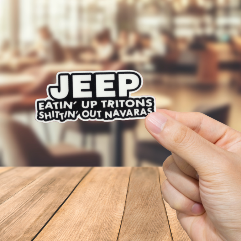 Durable, vinyl, die-cut, Jeep-Eatin Up Sticker.
