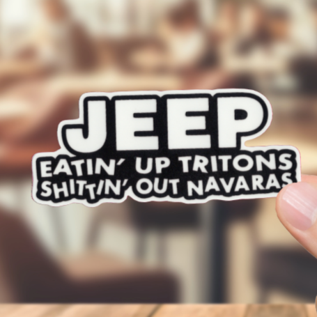 Durable, vinyl, die-cut, Jeep-Eatin Up Sticker.