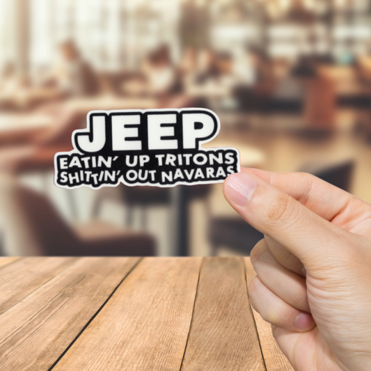 Durable, vinyl, die-cut, Jeep-Eatin Up Sticker.