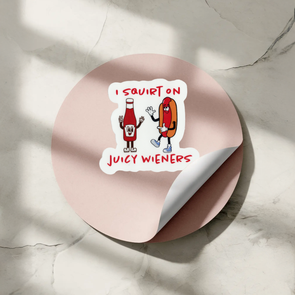 Durable, vinyl, die-cut, Juicy Wieners Sticker.
