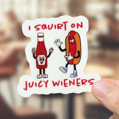 Durable, vinyl, die-cut, Juicy Wieners Sticker.