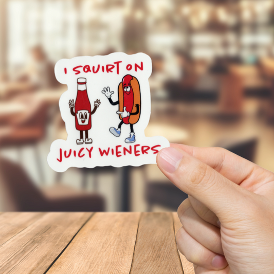 Durable, vinyl, die-cut, Juicy Wieners Sticker.