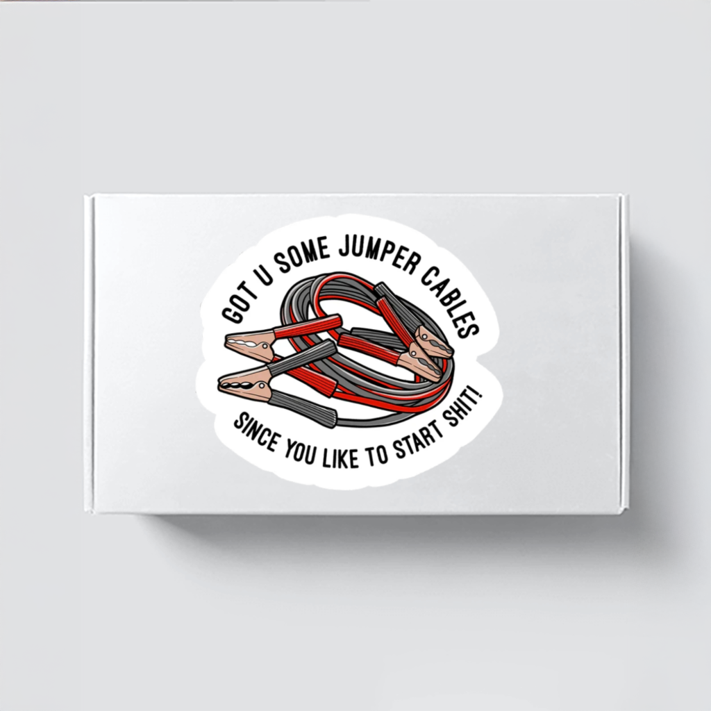 Durable, vinyl, die-cut, Jumper Cables Start Shit Sticker.