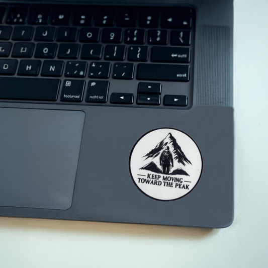Durable, vinyl, die-cut, Keep Moving To The Peak Sticker.