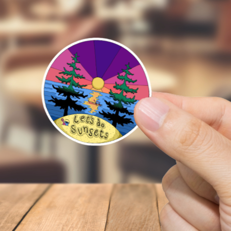Durable, die-cut, vinyl, Let's Do Sunsets Sticker.
