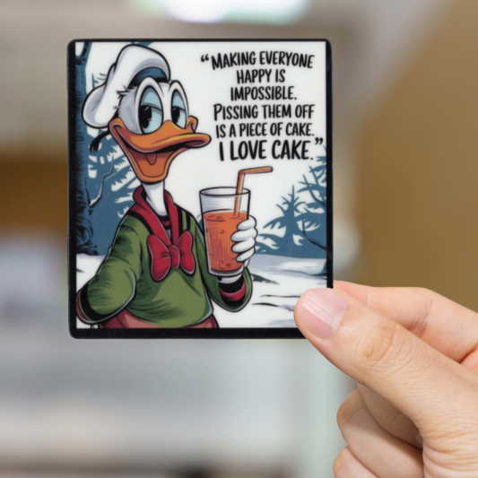 Durable, vinyl, die-cut, I Love Cake Sticker.