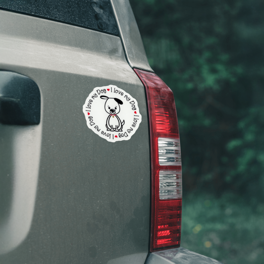 Durable, vinyl, die-cut, I Love My Dog Sticker.