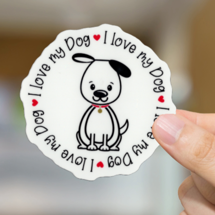 Durable, vinyl, die-cut, I Love My Dog Sticker.