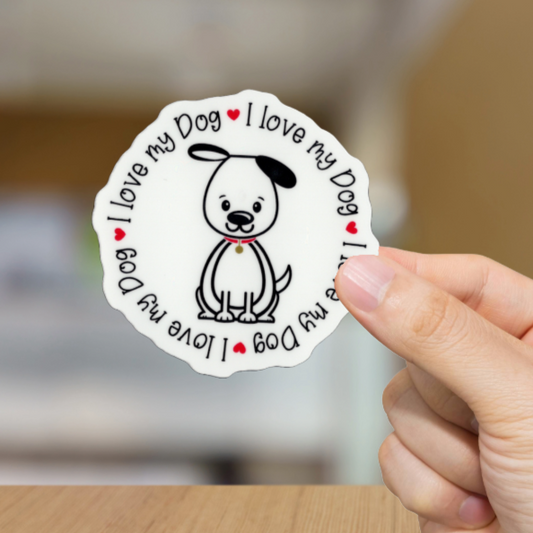 Durable, vinyl, die-cut, I Love My Dog Sticker.