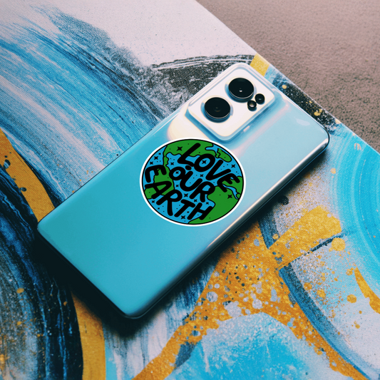 Durable, vinyl, die-cut, Love Our Earth Sticker.
