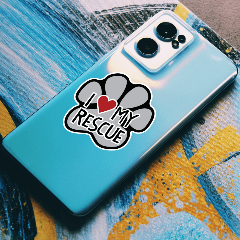 Durable, vinyl, die-cut, I Love My Rescue Sticker.