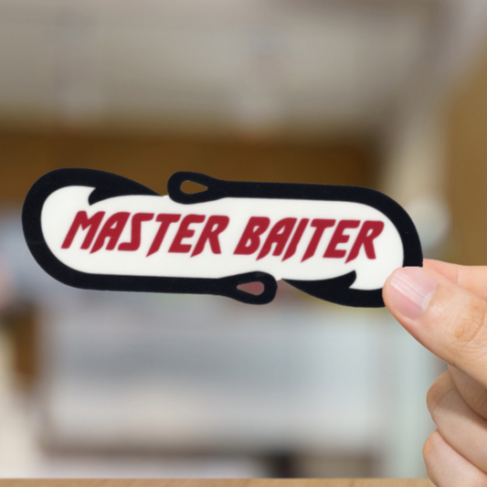 Durable, vinyl, die-cut, Master Baiter Sticker.