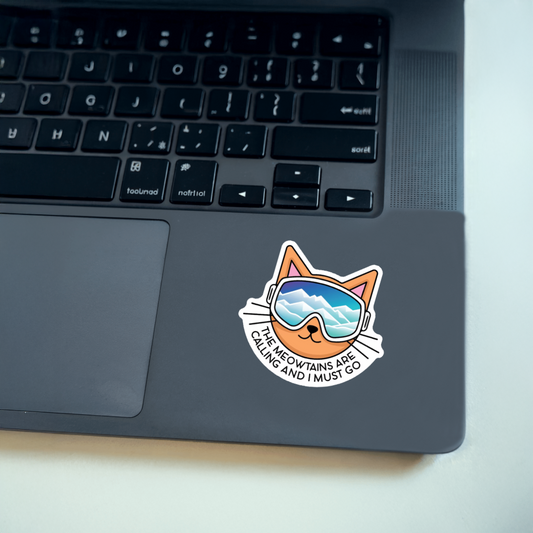 Durable, vinyl, die-cut, Meowtains Sticker.