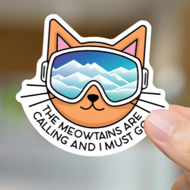 Durable, vinyl, die-cut, Meowtains Sticker.