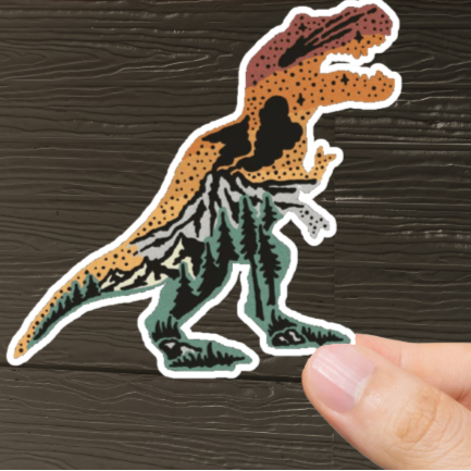 Durable, vinyl, die-cut, Mountain T-Rex Sticker.