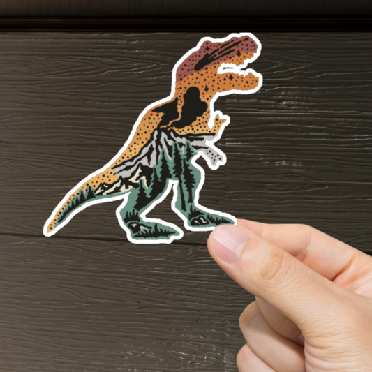 Durable, vinyl, die-cut, Mountain T-Rex Sticker.