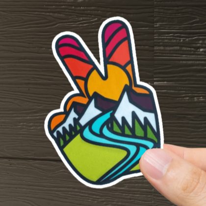 Durable, vinyl, die-cut, Moutain Peace Sign Sticker.