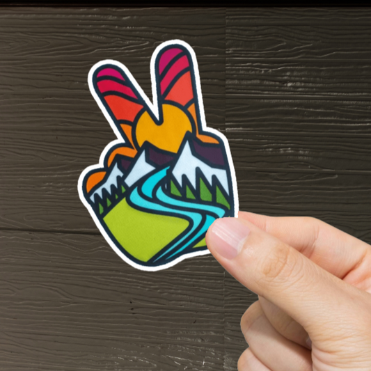 Durable, vinyl, die-cut, Moutain Peace Sign Sticker.