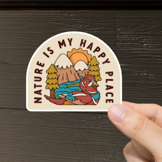 Durable, vinyl, die-cut, Nature My Happy Place Sticker.
