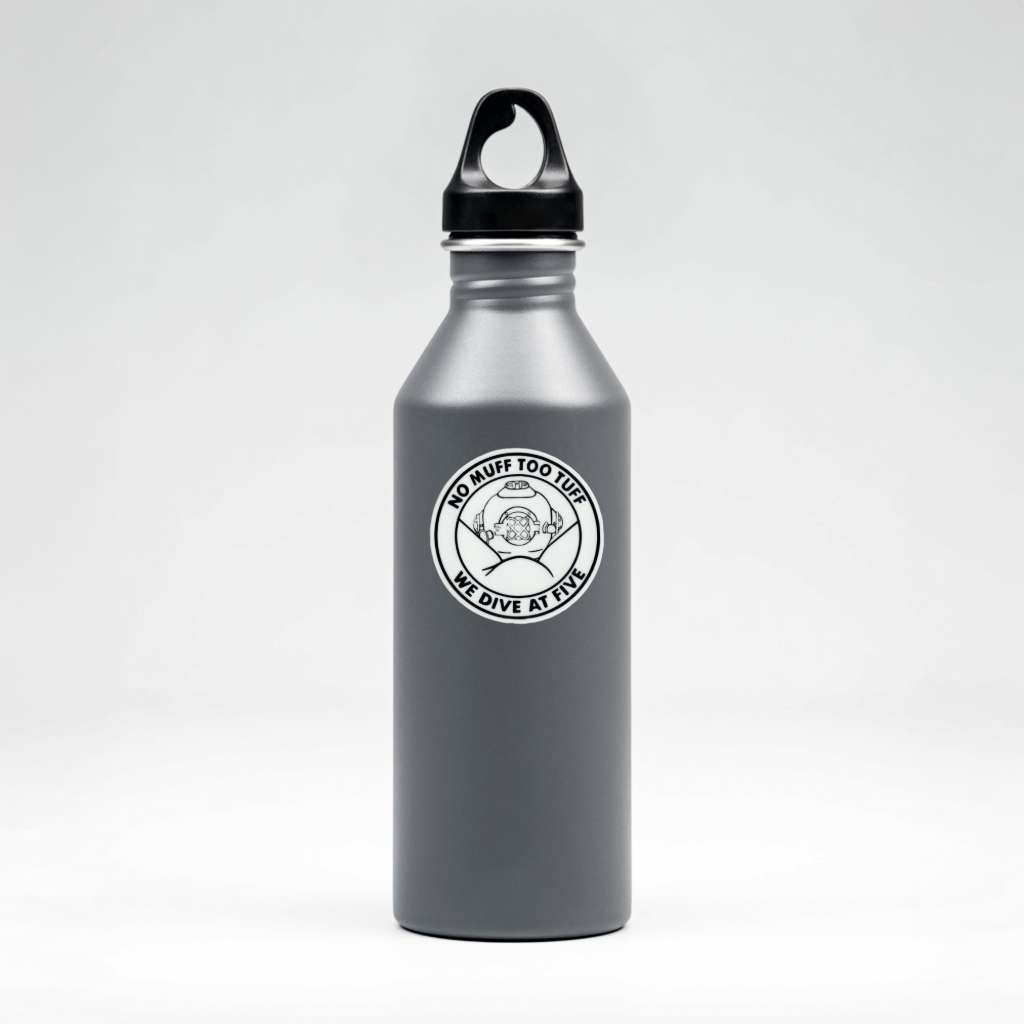 Durable, vinyl, die-cut, No Muff Too Tuff Sticker.
