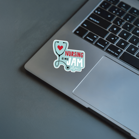 Durable, vinyl, die-cut, Nursing Is My Jam Sticker.