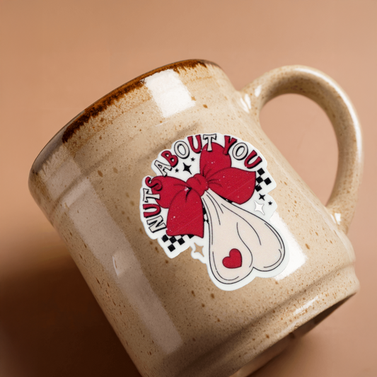 Durable, vinyl, die-cut, Nuts About You Sticker.