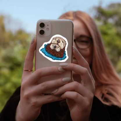 Durable, vinyl, die-cut, Mom & Baby Otter Art Sticker.
