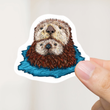 Durable, vinyl, die-cut, Mom &amp; Baby Otter Art Sticker.