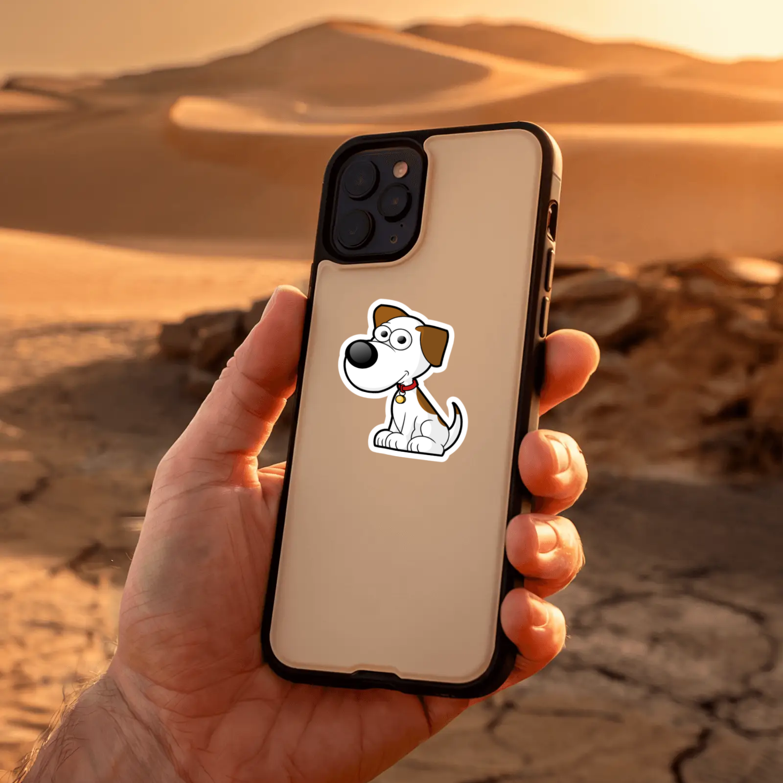 Hand holding a phone with a desert landscape in the background