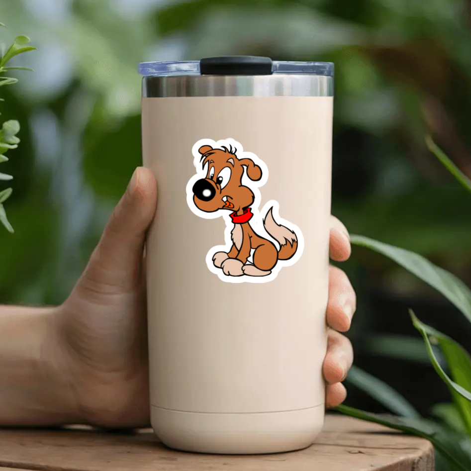 Person holding a beige tumbler with a cartoon puppy on a wooden stool outdoors.