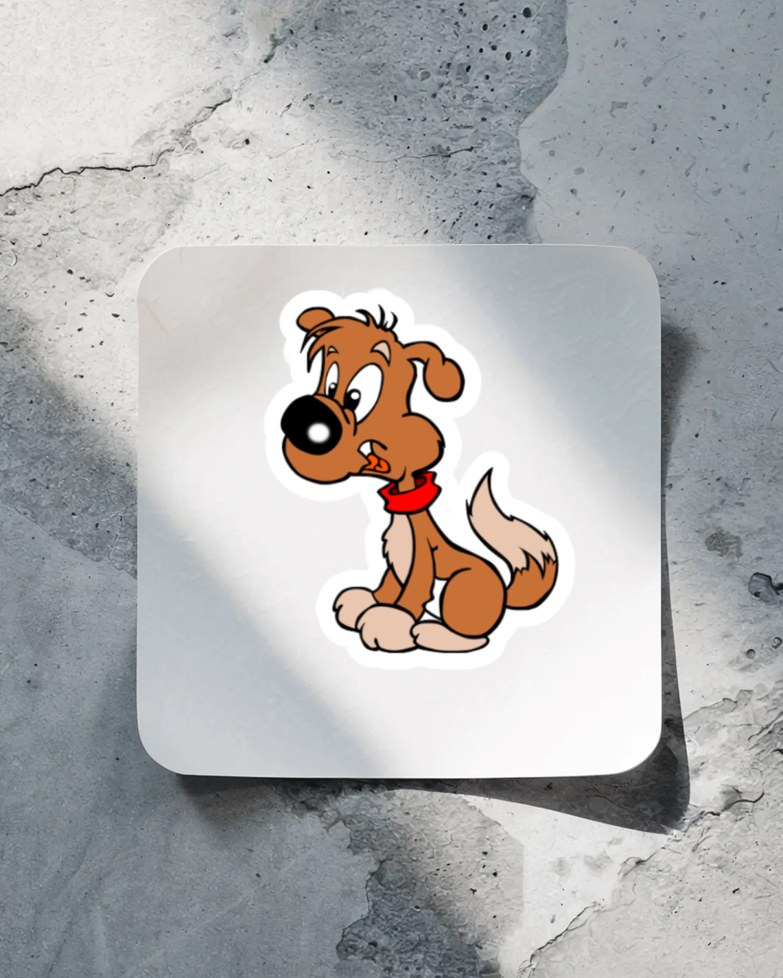 Cartoon dog sticker on a white square background with a textured gray surface.