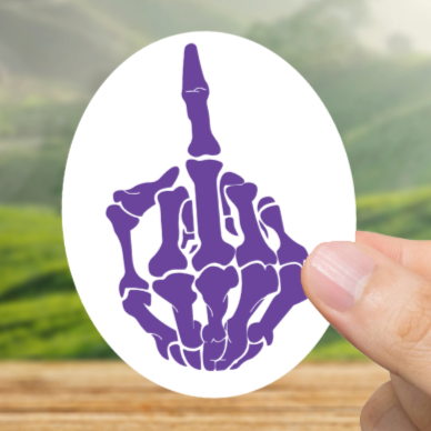 Durable, vinyl, die-cut, Purple Skeleton Middle Finger Sticker.