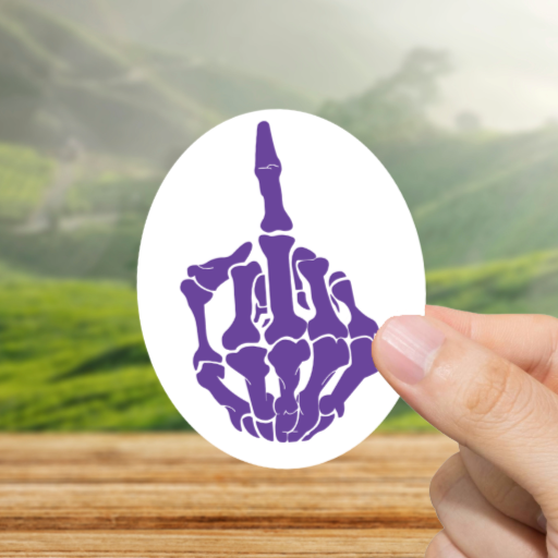 Durable, vinyl, die-cut, Purple Skeleton Middle Finger Sticker.