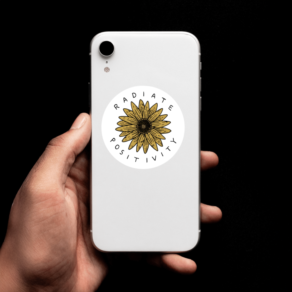 Durable, die-cut, vinyl, Radiate Positivity Sticker.