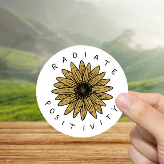 Durable, die-cut, vinyl, Radiate Positivity Sticker.