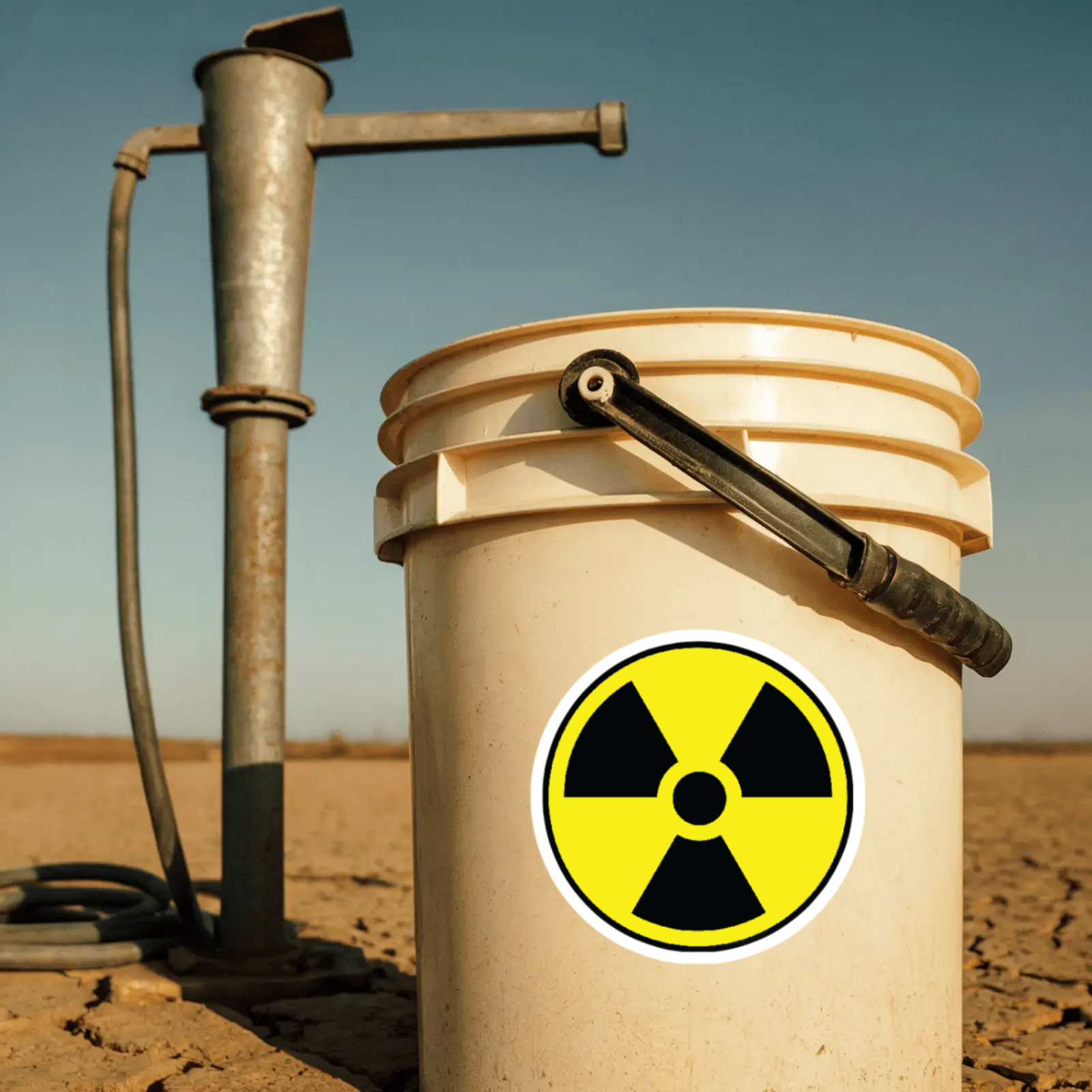 Beige bucket with a radiation symbol on a dry, cracked earth surface with a pump in the background.