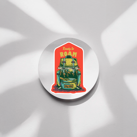 Durable, die-cut, vinyl, Ready To Roam Sticker.