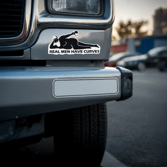 Durable, vinyl, die-cut, Real Men Have Curves Sticker.