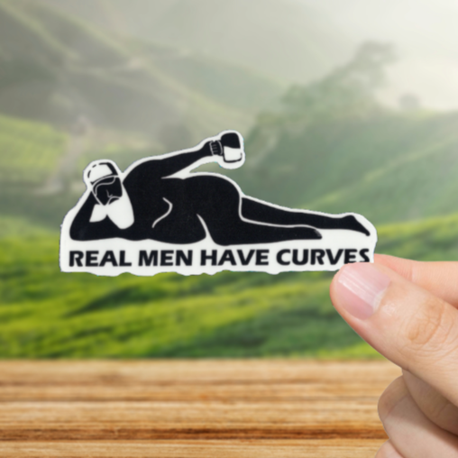 Durable, vinyl, die-cut, Real Men Have Curves Sticker.