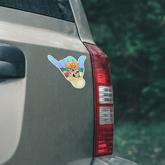 Durable, die-cut, vinyl, Rock On Beach Sticker.