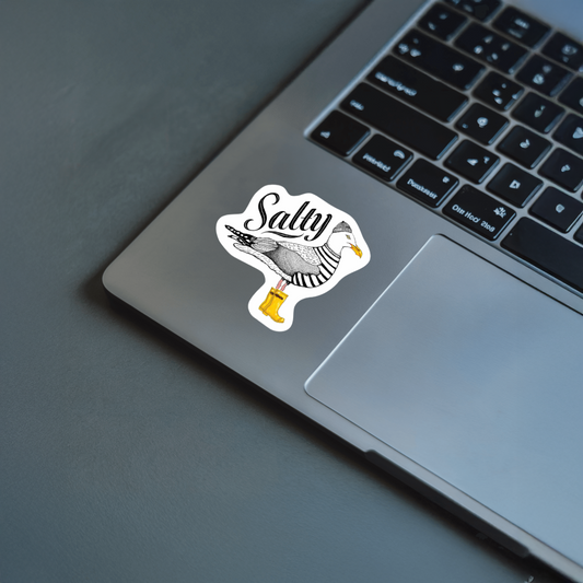 Durable, vinyl, die-cut, Salty Seagull Sticker.