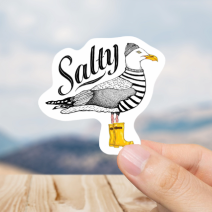 Durable, vinyl, die-cut, Salty Seagull Sticker.